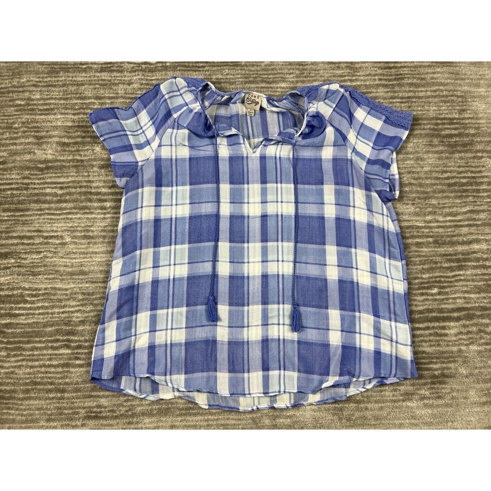 Como Vintage Top Womens Large Blue Plaid VNeck Lace Shortsleeve Casual Tie